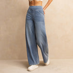Shascullfites Melody High-Waisted Wide-Leg Jeans Light Blue Women's Stretchy Knit Trousers With Multiple Pockets For Work