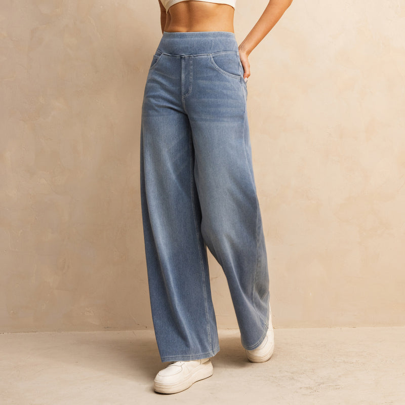Shascullfites Melody High-Waisted Wide-Leg Jeans Light Blue Women's Stretchy Knit Trousers With Multiple Pockets For Work