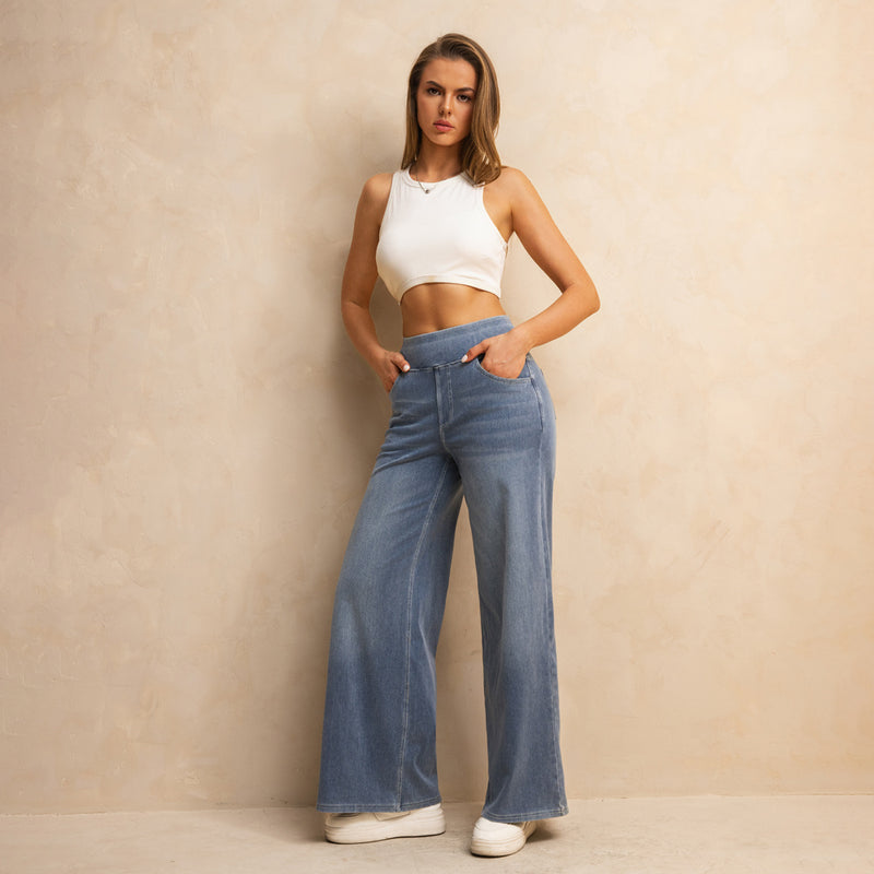 Shascullfites Melody High-Waisted Wide-Leg Jeans Light Blue Women's Stretchy Knit Trousers With Multiple Pockets For Work