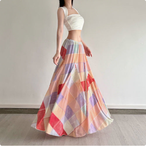 Colorful Flower Niche Artistic Colorblock Plaid Skirt