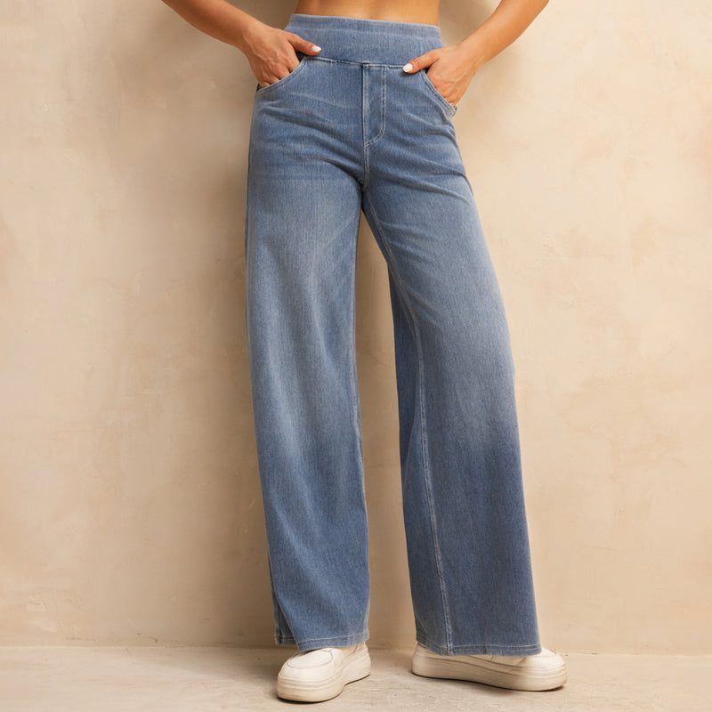 Shascullfites Melody High-Waisted Wide-Leg Jeans Light Blue Women's Stretchy Knit Trousers With Multiple Pockets For Work