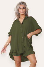 Women Casual Oversized Gold Button Pleated Frilled Ruffle Short Sleeves Shirt Top And Short Co Ord Set