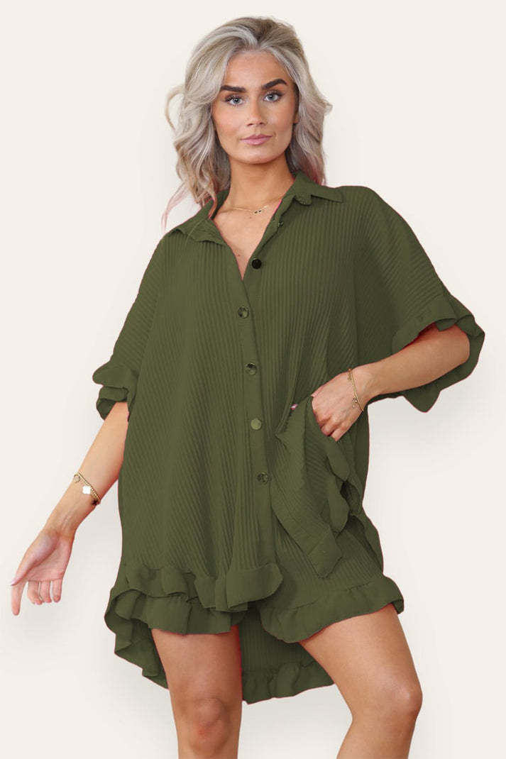 Women Casual Oversized Gold Button Pleated Frilled Ruffle Short Sleeves Shirt Top And Short Co Ord Set