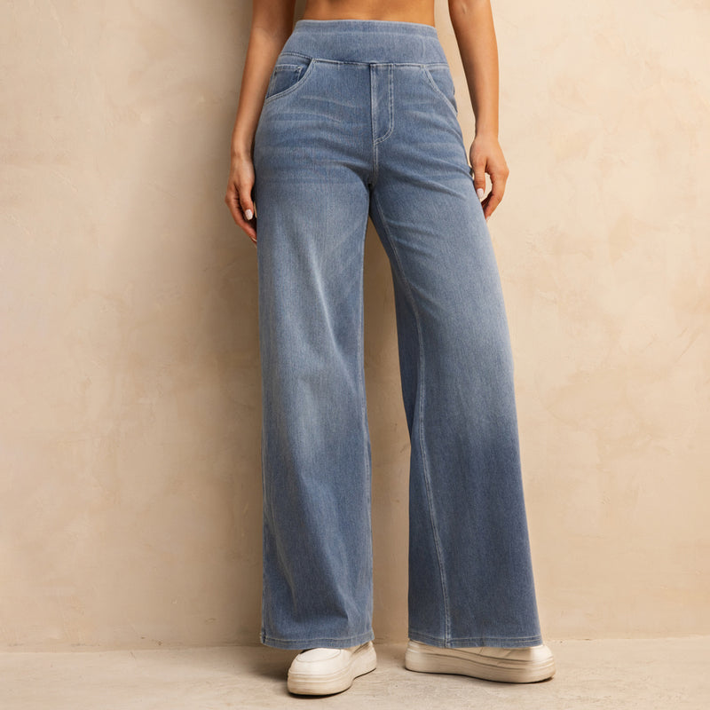Shascullfites Melody High-Waisted Wide-Leg Jeans Light Blue Women's Stretchy Knit Trousers With Multiple Pockets For Work