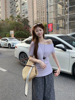 Women's Short-sleeved T-shirt Off-the-shoulder Fitted Waist Top