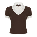 American Retro Polo Collar Stitching Fake Two Pieces Short Sleeve T-shirt For Women