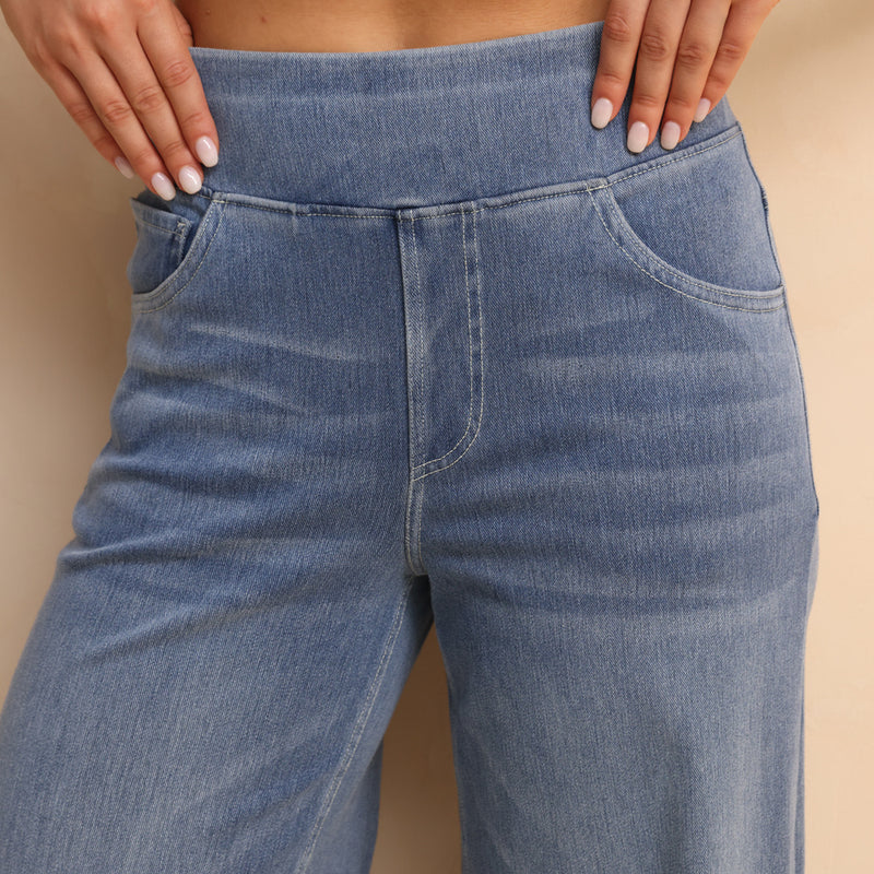 Shascullfites Melody High-Waisted Wide-Leg Jeans Light Blue Women's Stretchy Knit Trousers With Multiple Pockets For Work