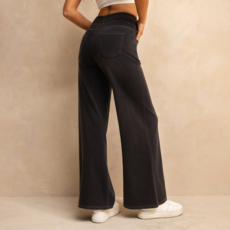 Shascullfites Melody Dark Grey Women's Wide Leg Jeans Multiple Pockets Stretchy Knit Casual Baggy Jeans