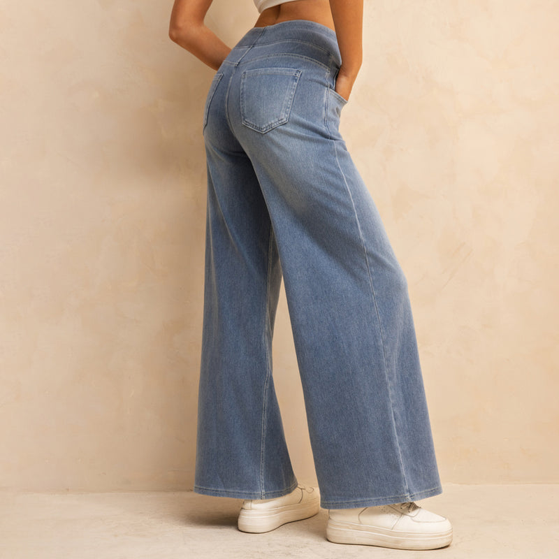 Shascullfites Melody High-Waisted Wide-Leg Jeans Light Blue Women's Stretchy Knit Trousers With Multiple Pockets For Work